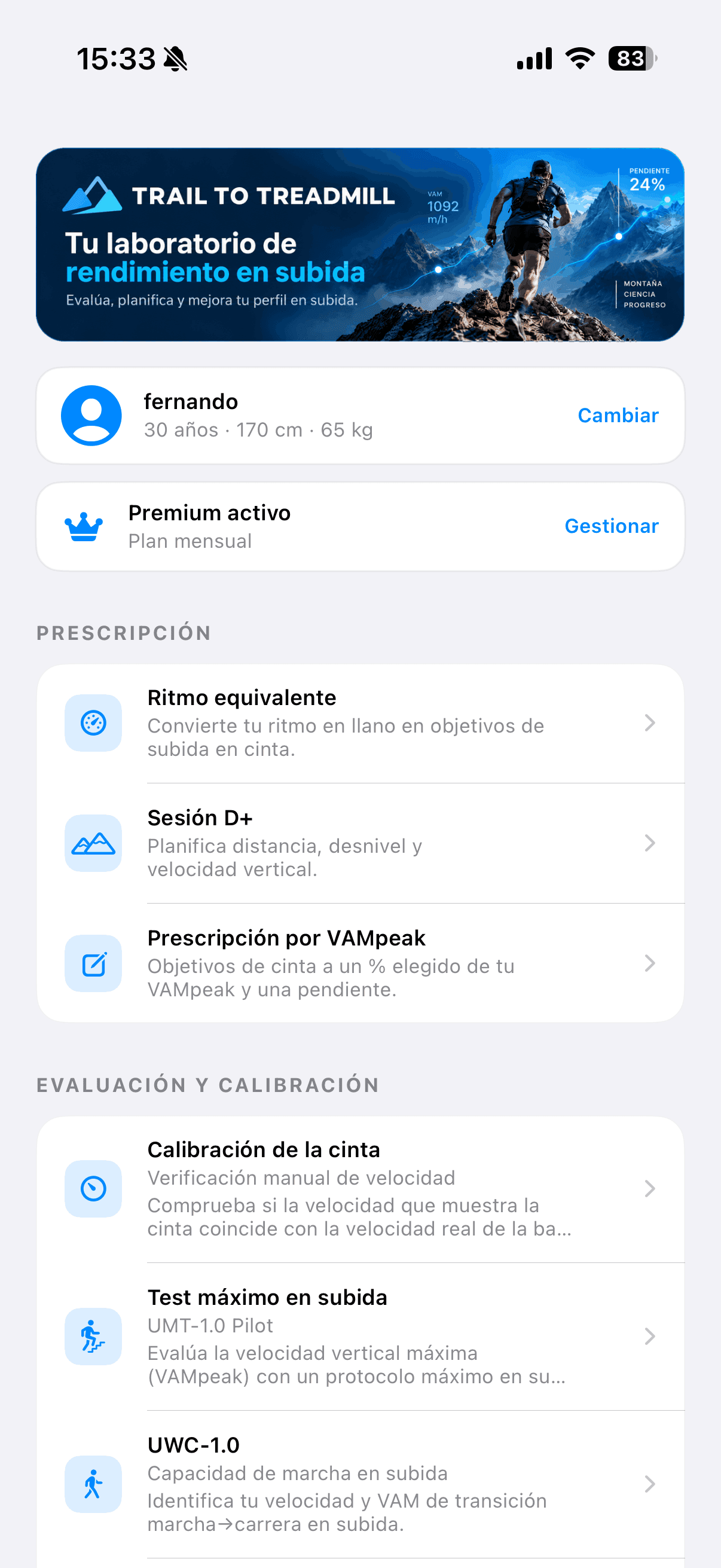 Pantalla de prescripción y evaluación de la aplicación Trail to Treadmill.